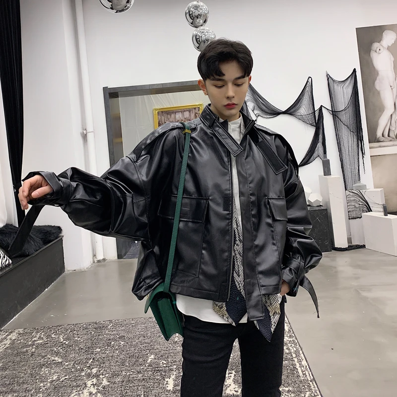 Куртка мужская из искусственной кожи свободная Короткая Повседневная с