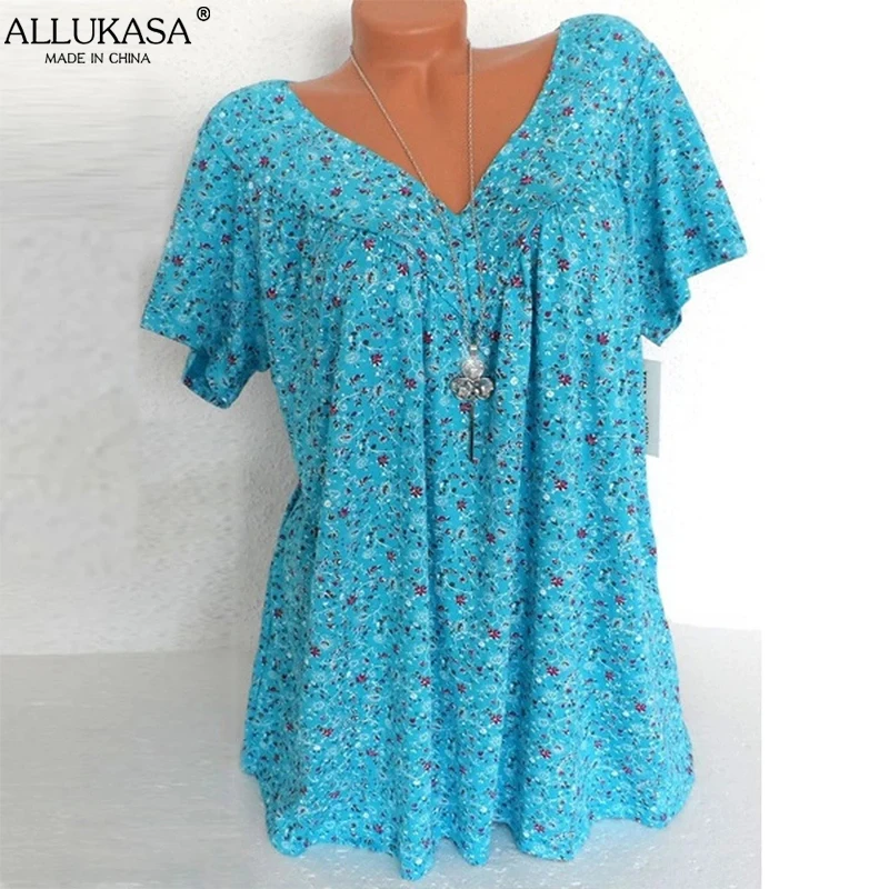 

Summer Retro Printed Shirt Short Sleeve Ladies Large Size Sexy V-neck Casual Loose Stretch T-shirt Top Ladies Fashion Pullover