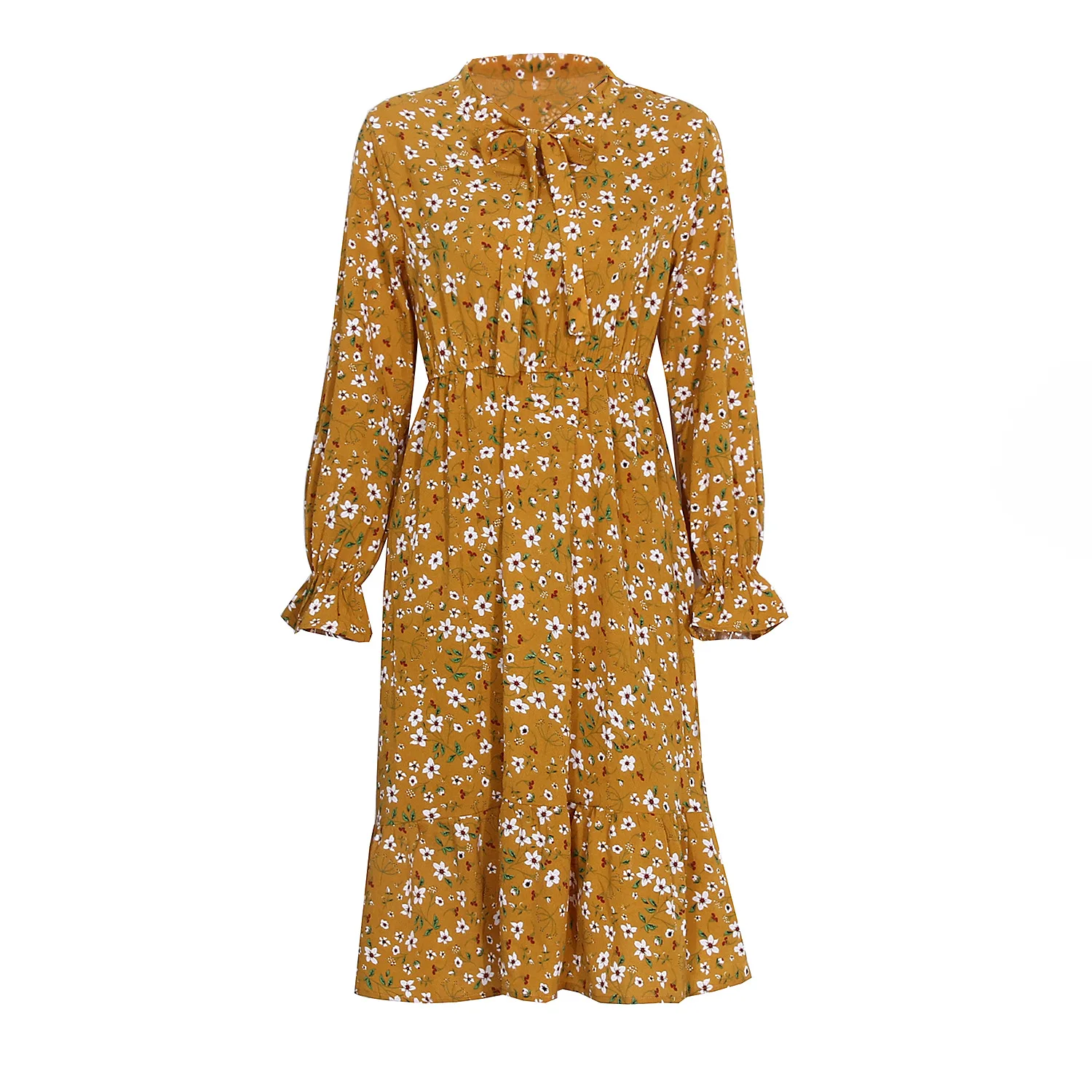 

European and American women's 2020 summer new bow print mid-length ruffle dress