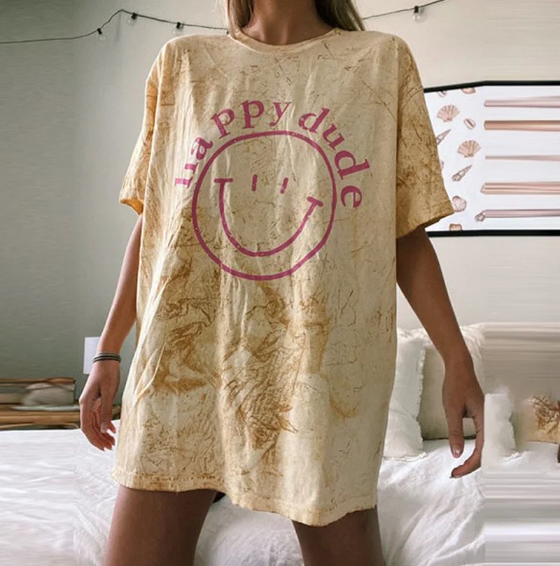 

Vintage Tie Dye Letter Print Oversized Graphic Tees Women O Neck Short Sleeve Casual Fashion T Shirt Female New 2021Summer Tops