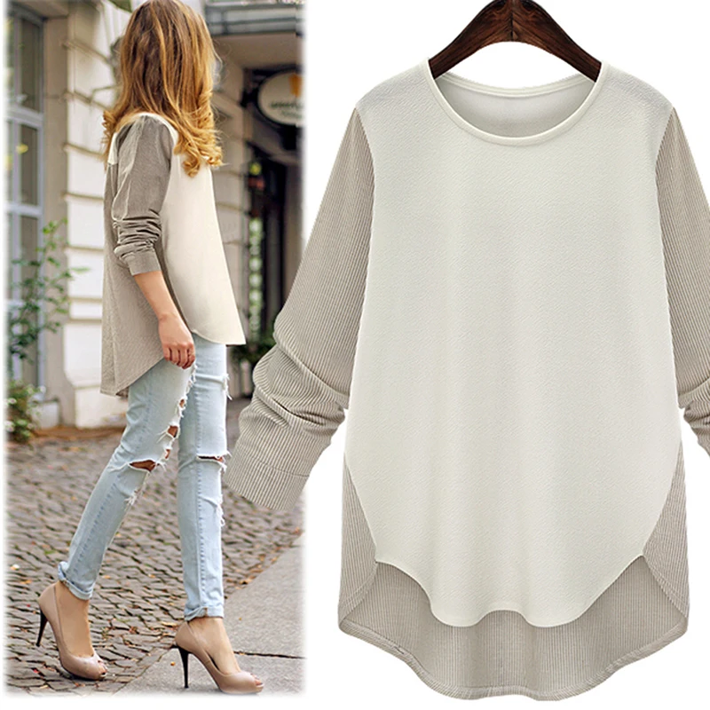 

Размера плюс 5XL в полоску в стиле «пэчворк»; Футболка комплект из 2 предметов, с О-образным вырезом, женские блузки свободные женские офисные ...