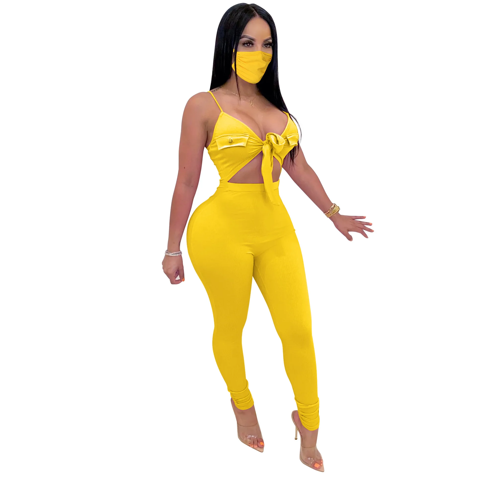 

RTrade Women Ribbed Jumpsuits Spaghetti StrapTop Skinny Long Pants Ribbed Bodysuit Casual Raised Lines Pattern Jumpsuit