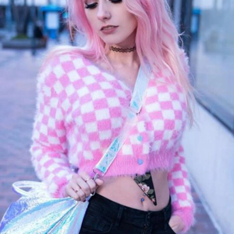 Модная Осенняя женская розовый клетчатый норковый кашемировый свитер кардиган
