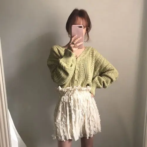 Vintage White Sweater Elegant Single-breasted Pearl Women Button Hollow Out Auturm Cardigan Fashion Oversized Tops Cl050 |