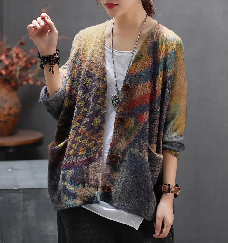 Autumn Sweater Women Retro Loose Knitting jackets 2019 New Ladies Cardigan Tops Long-sleeved pocket Print Casual Coat |