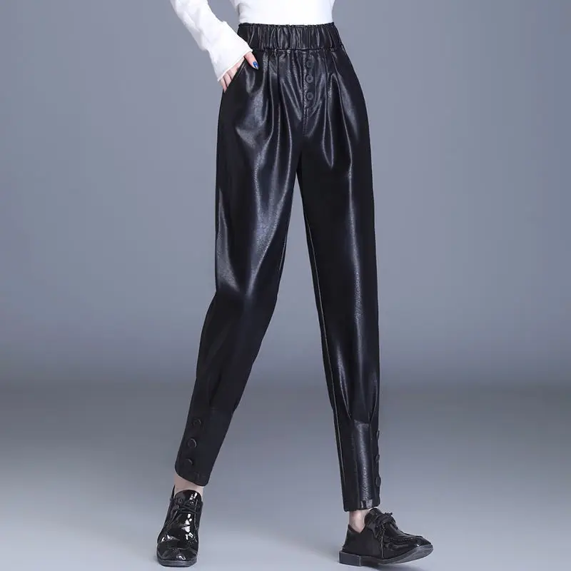 

Woman Pants High Waist Harlan Loose Add Flocking Faux Leather Trousers Women Bottoms Pants Black Leather Pants Autumn Winter