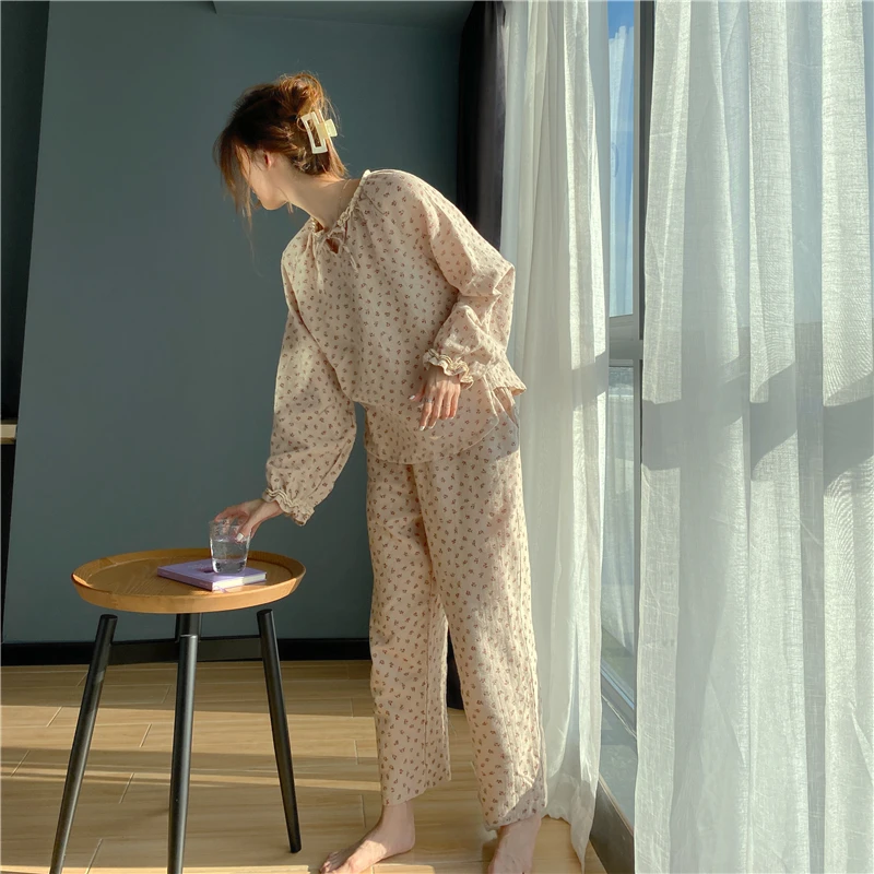 

Women Fashion Spring Autumn 100% Cotton Pajamas Set Cherry Print Lace Sleepwear Pyjamas Pants 2 Pcs Long Sleeve Homewear Suit