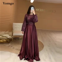 verngo dark burgundy a line satin evening dresses modest shiny lace o neck puff long sleeves formal prom gowns mother dress