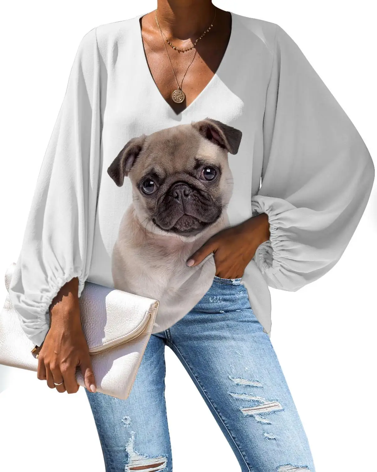 

Nopersonality Printing Puppy Pug Poodle Bulldog Panda Blouse for Women Cute White Female Summer Long Sleeve Shirts V-necek Tops