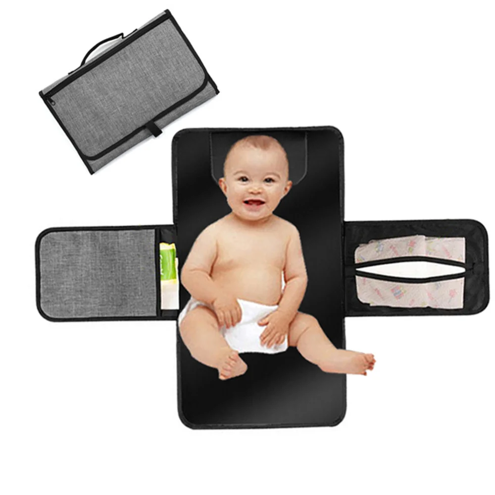 

1pc Baby Waterproof Diaper Mat Foldable Nappies Changing Pad Portable Multifunctional Diaper Change Mat Storage Bag (Grey)