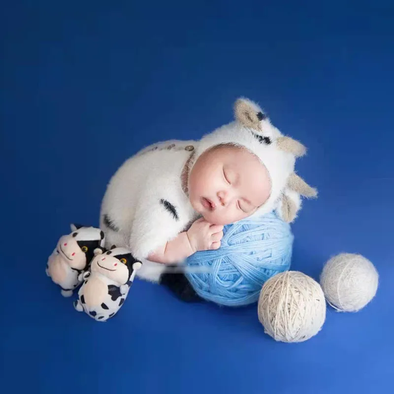 Newborn Photography Accessories Rope Wooden Swing Baby Photo Props Outfit Clothes Boy Mohair Knitted Bodysuit Hat Cow Doll Set