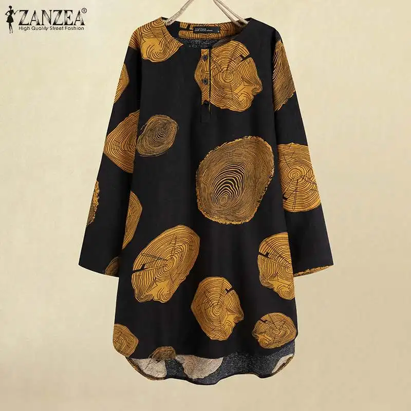 

ZANZEA Fashion Cotton Vestido Women's Vintage Printed Mini Dress 2021 Autumn Long Sleeve Short Robe Lady Loose Irregular Dresses