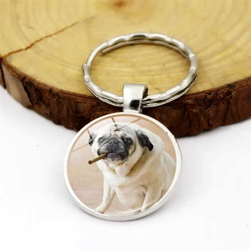 

WG 1pc Fashion Pug Dog Keychain Pendant Cabochon Time Gem Metal Glass Ball Keyring Accessories Creative Gift