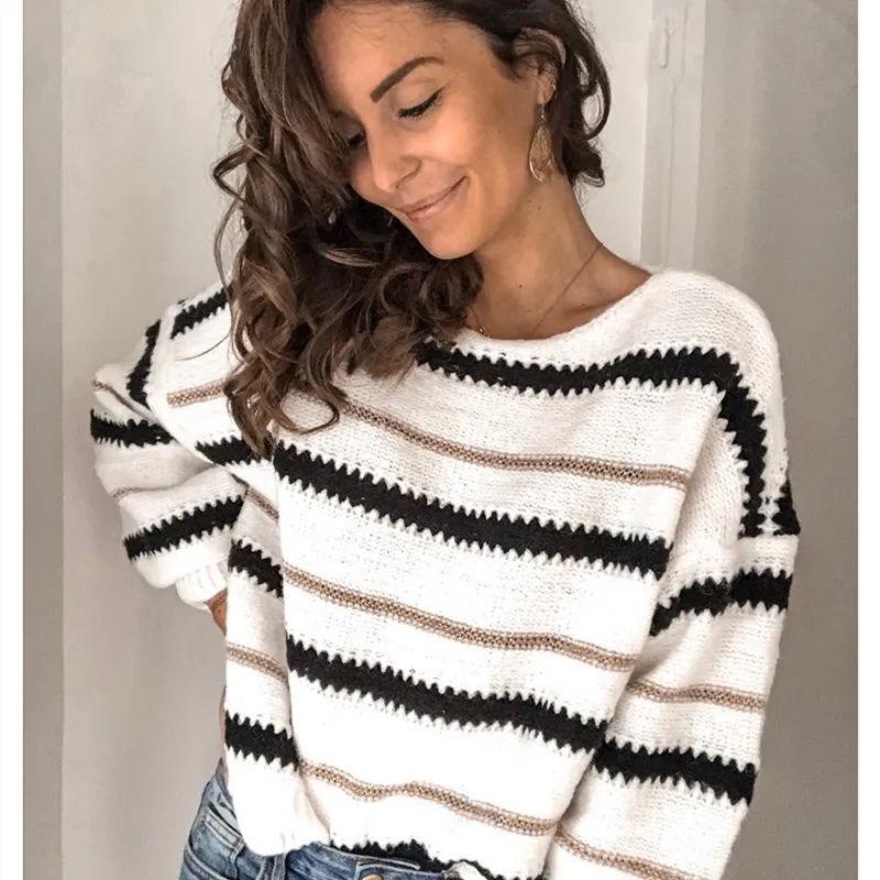 Spring Winter Women Sweater Fashion Loose High Neck Striped Long Sleeve Warm Top Casual Batwing Plus Size | Женская одежда