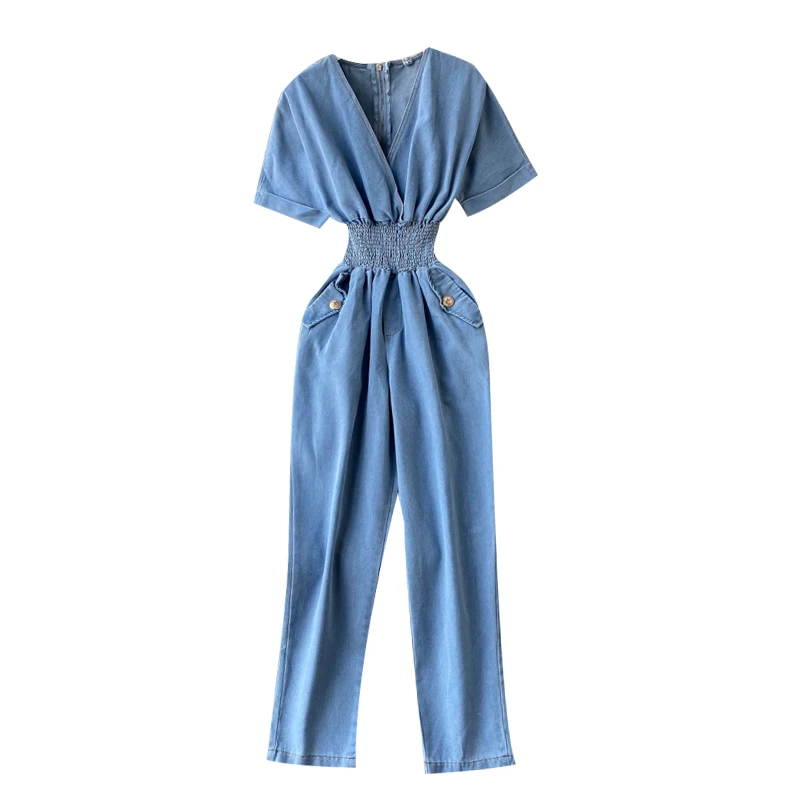 

Summer Denim Jumpsuit Vintage Short Sleeves V-Neck Elastic Waist Straight Jeans Casual Overalls Club Outfits For Women