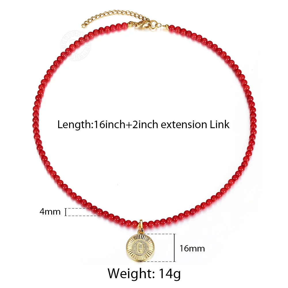 Женское колье с красным коралловым бисером чокер буквенным кулоном и круглым