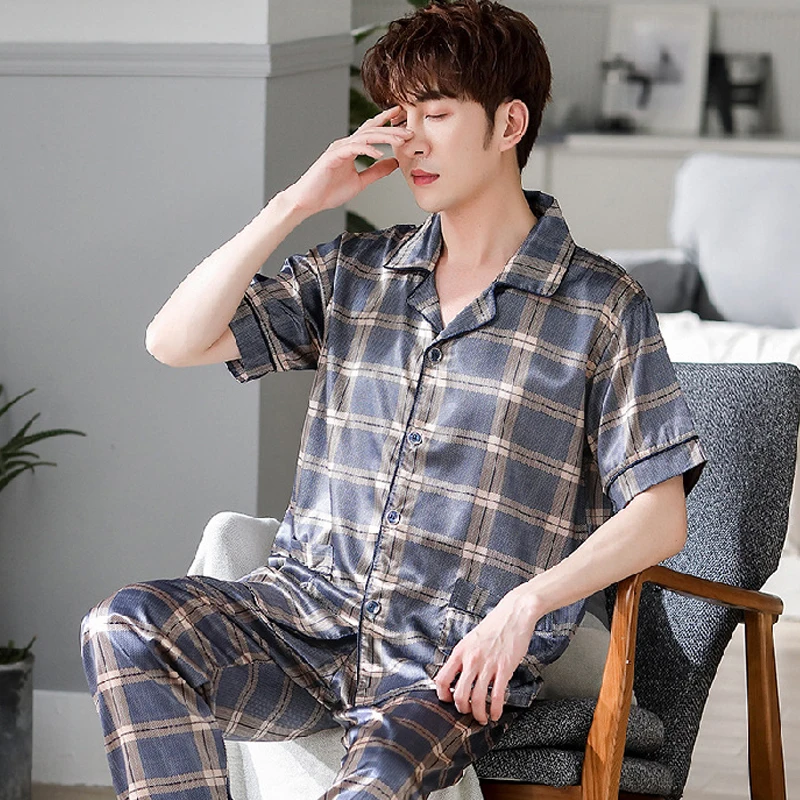 Новая летняя мужская Шелковая пижама с имитацией ледяной шелковой клетчатой