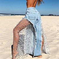 women high waist mesh patchwork denim pants loose romper trousers streetwear 2021 fashion indie female vintage wide leg pants