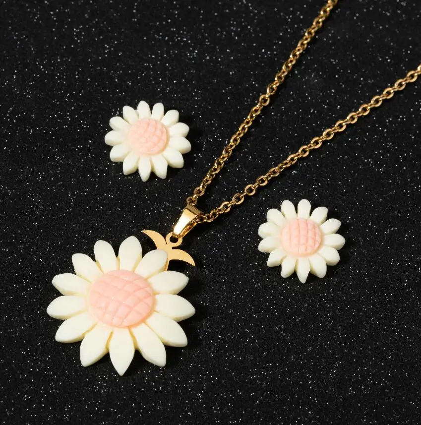 Jisensp Stainless Steel Chain Enamel Colorful Sunflower Necklace Earring Fashion Jewelry Sets For Women Girls Birthday Gift images - 6