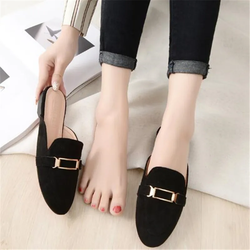 Женские шлепанцы без задника однотонные сандалии на плоской подошве с закрытым