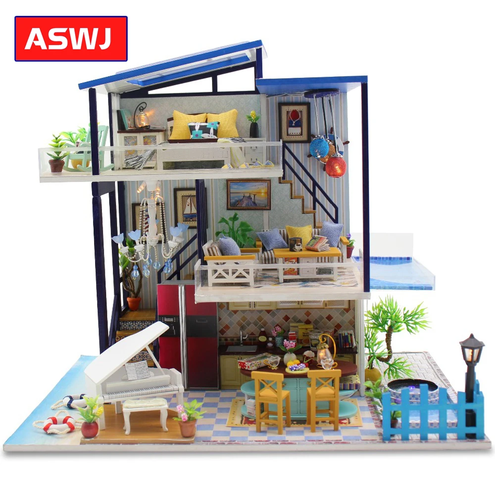DIY кукольный домик Миниатюрная модель синий дом любви мебель королева деревянные