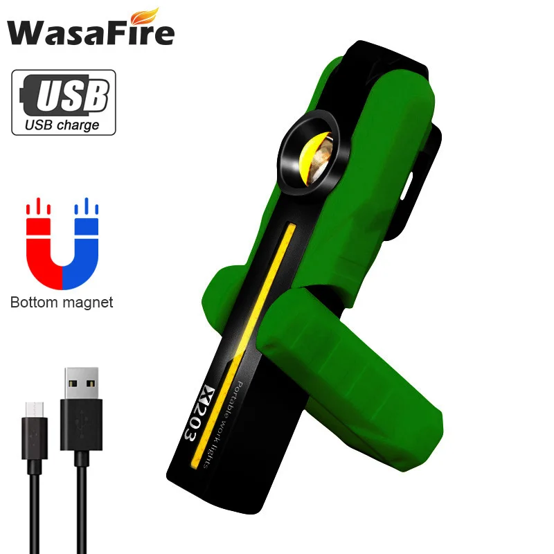 

WasaFire Portable 3 Mode COB Flashlight Green/Yellow Torch USB Rechargeable LED Work Light Magnetic XPE Hanging Hook Lamp