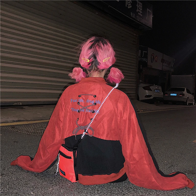 Harajuku Ulzzang стильная куртка для женщин сзади Шнуровка крест-накрест пальто на