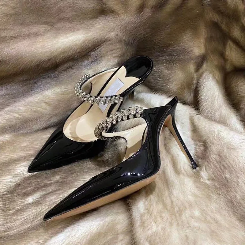 

New Baotou Semi-slippers Wear Pointed Rhinestone Buckle Muller High-heeled Women Sandals and Slippers