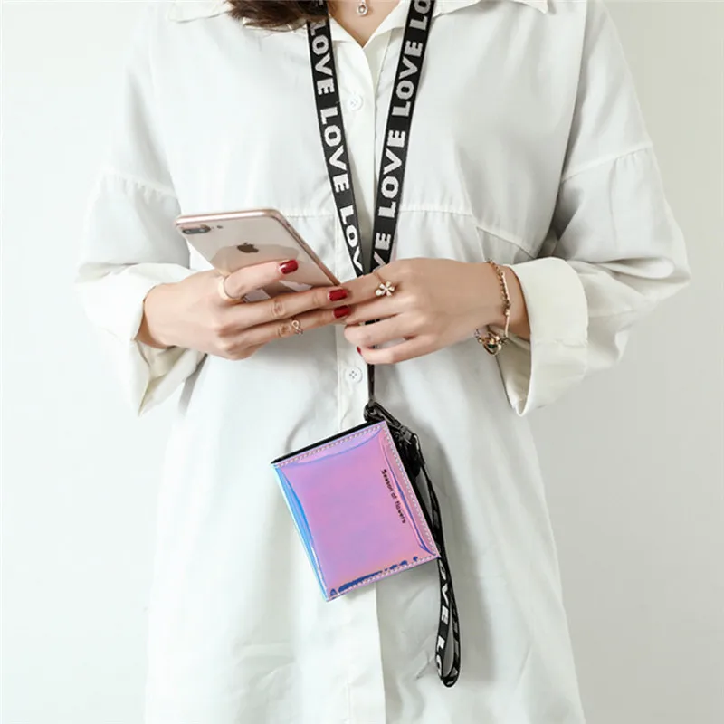 

New Fashion Women Short Wallet with Lanyard Clutch Laser Card Holder Ladies Zipper Wallets Designer Casual Ladies Purse