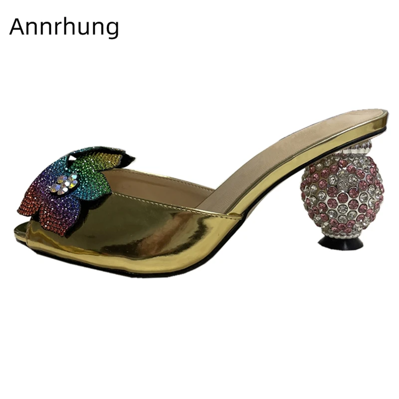 

Colorful Rhinestone Flower Sandals Women Summer Luxury Patent Leather Slingbacks Diamond Spherical Heel Mules For Girls