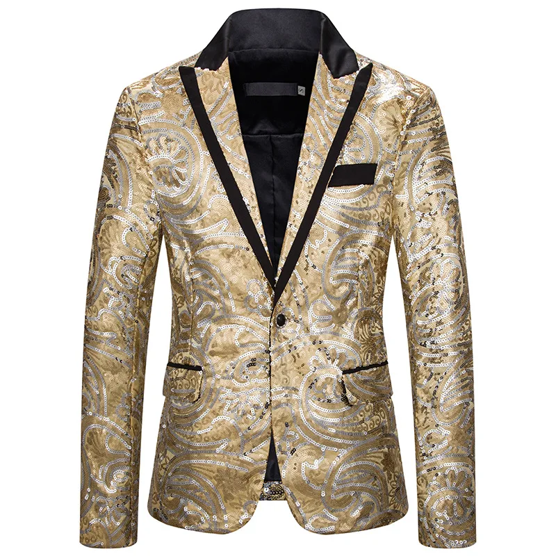 

Men's Gold Dress Sequins Suit Jacket 2022 Brand Notched Lapel Slim Fit One Button Stylish Blazer Mens Party Prom Singer Costume