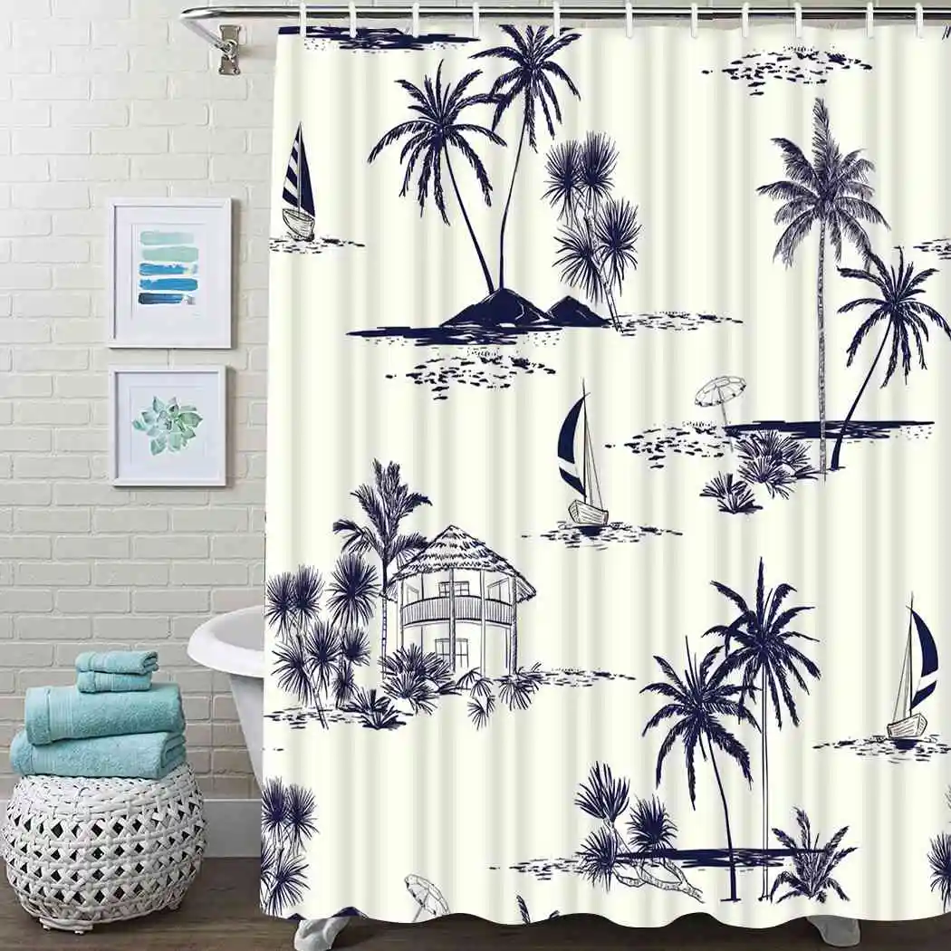 

Sailboat Palm Shower Curtain Sea Trees Ships Shower Curtain Waterproof Fabric For Bathroom Decor Shower Curtains Set With Hooks