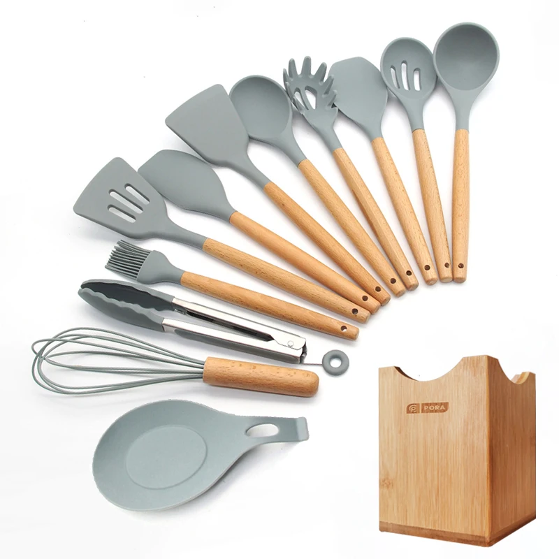 13-Pcs kitchen set Силиконовые набор для кухни 11/12/13 шт, кухонный набор,набор кухонных принадлежностей, антипригарным,деревянной с лопатки, ложка,половник,Кухня инструменты,кухонная утва,серый,кухонные принадлежности из силикона - Цвет: 13-Pcs kitchen set