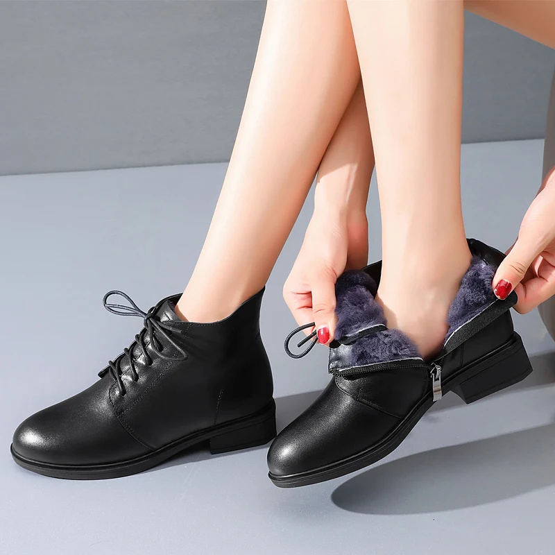 

Women Ankle Boots Real Leather Plush Fur Warm Winter Shoes Woman Low Heels Snow Boots Hot Fur Lady Footwear Size 34-41