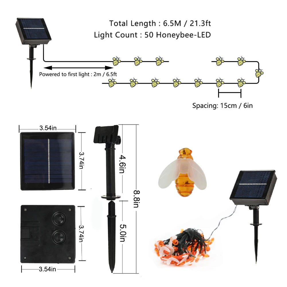

10m String Light Solar String Honey Bee Shape Warm Light Garden Decoration Waterproof Creative Tree Haning Lights