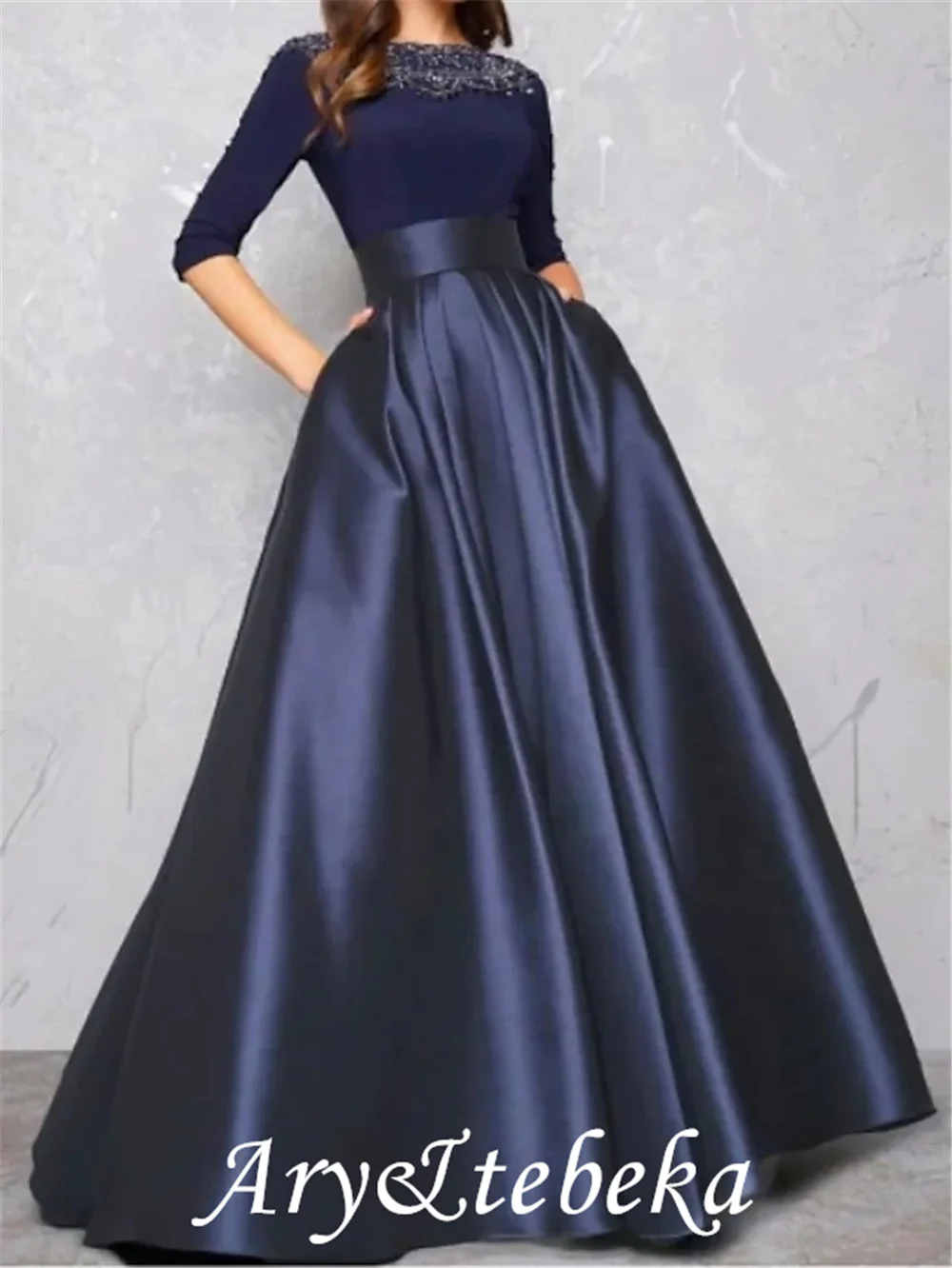 

Ball Gown Minimalist Quinceanera Formal Evening Dress Illusion Neck Half Sleeve Floor Length Satin with Pleats Lace Insert 2021