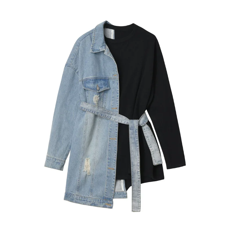 

European and American fashion brand stitching denim waist belted sweater women spring and autumn thin loose Korean style Y1136