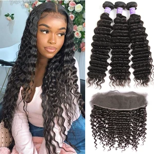 Волнистые человеческие волосы 34 пряди с фронтальной бразильской волнистой пряди с фронтальной застежкой 13x4 с детскими волосами Remy