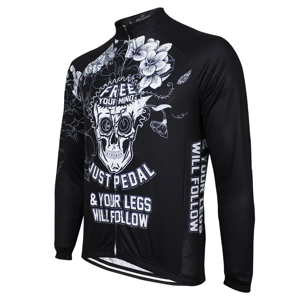 HIRBGOD 2020 New Men Black Cycling Jersey White Skull Flower Print Bike Shirt Lightweight Team Long Sleeve Jackets MT072 | Спорт и