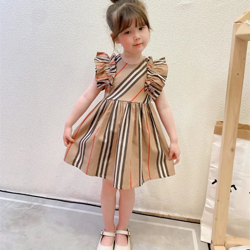 

New summer Fashion England style kids girl clothes pleated sleeves striped plaid stitching baby girl princess dress 2-10 years