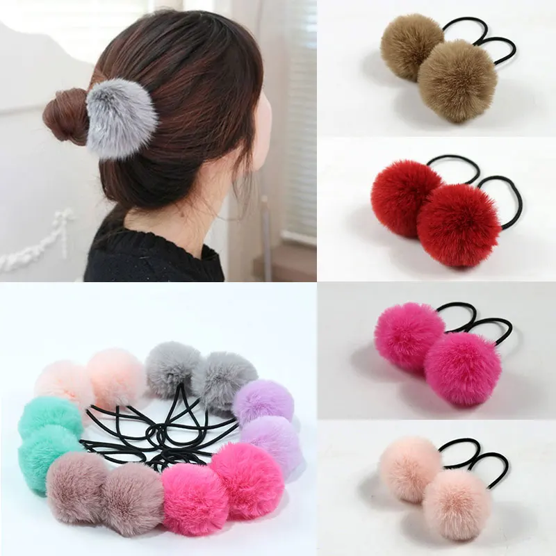

2Pcs Imitation Rabbit Fur Plush Elastic Hair Rope Lovely Hair Rings Ponytail Holder Handmade Hair Tie Hair Accessories for Girl