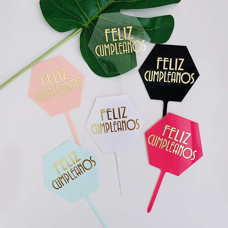 

Spainish Acrylic Feliz Cumpleaños Cake Toppers Happy Birthday Cupcake Cake Topper Flags Baby Shower Decor Baking DIY Kids Party
