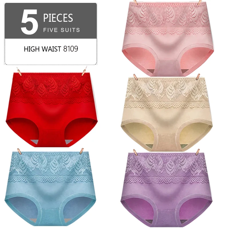 5PCS/Set High Waist Women Panties Pure Cotton Body Shaper Underwear Breathable Cute Briefs Sexy Lace Comfort Female Lingerie