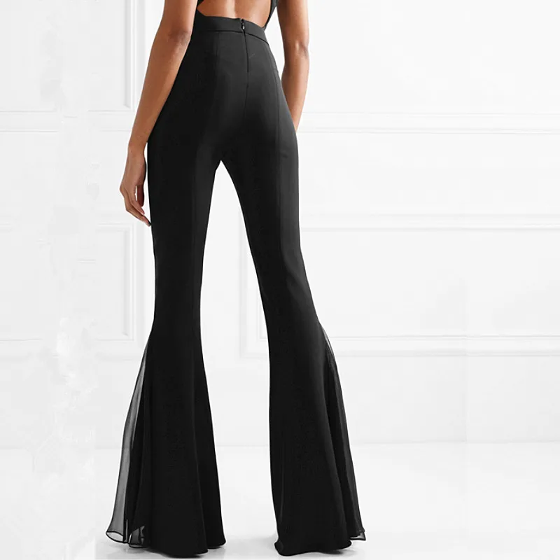 women's Floor length trousers European high-quality slim pants split with chiffon mesh stitching design big flare pants F1357