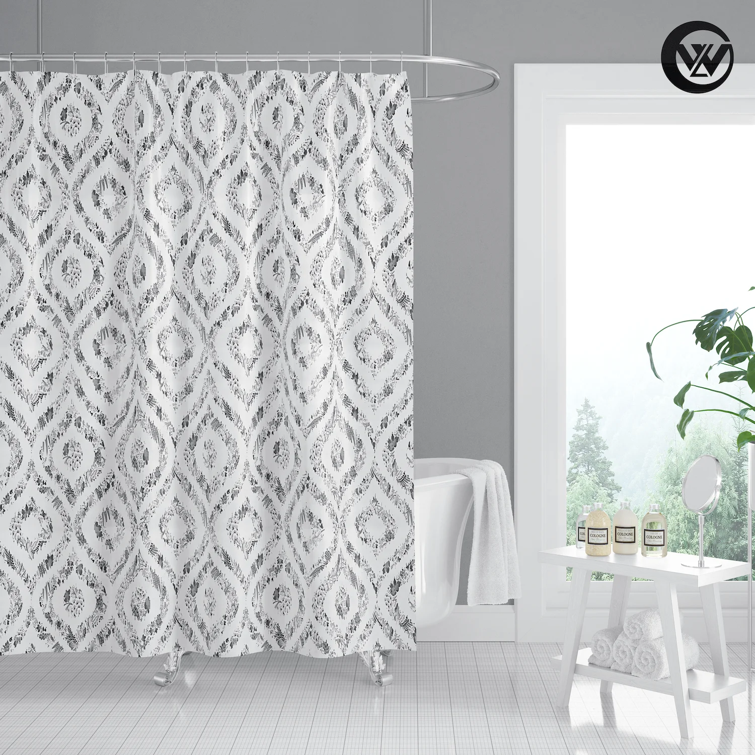 Modern Printing Gradient Gray Geometric Pattern Children Bath Shower
Curtain, Custom Polyester Bathroom Curtain With Hooks