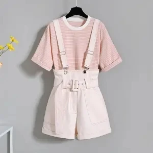 

2021 summer cute suit female student Korean Harajuku striped T-shirt + high waist casual bib shorts two-piece suit Kawaii