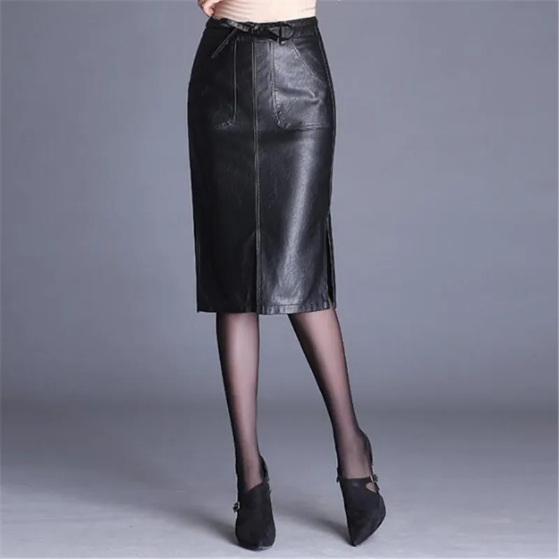 High Quality PU Leather Skirt Women 2019 Autumn Winter New Waist Fashion Skirts OL Office Lady One Step | Женская одежда