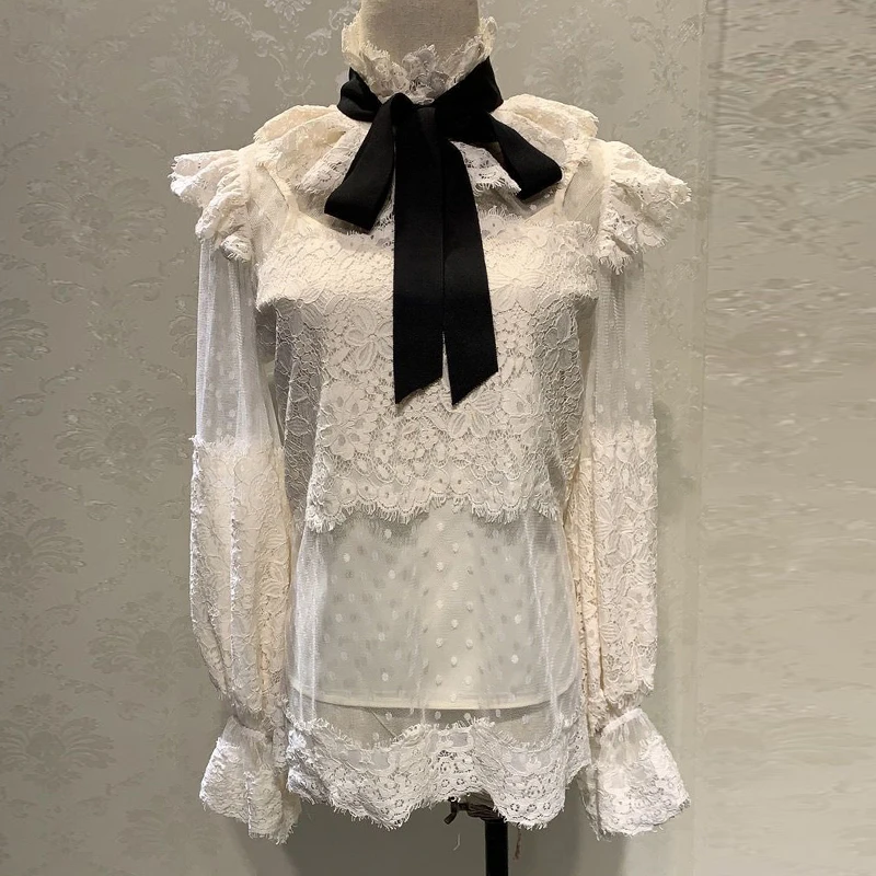 Женская кружевная блузка с бантом и воротником-стойкой полупрозрачная рубашка
