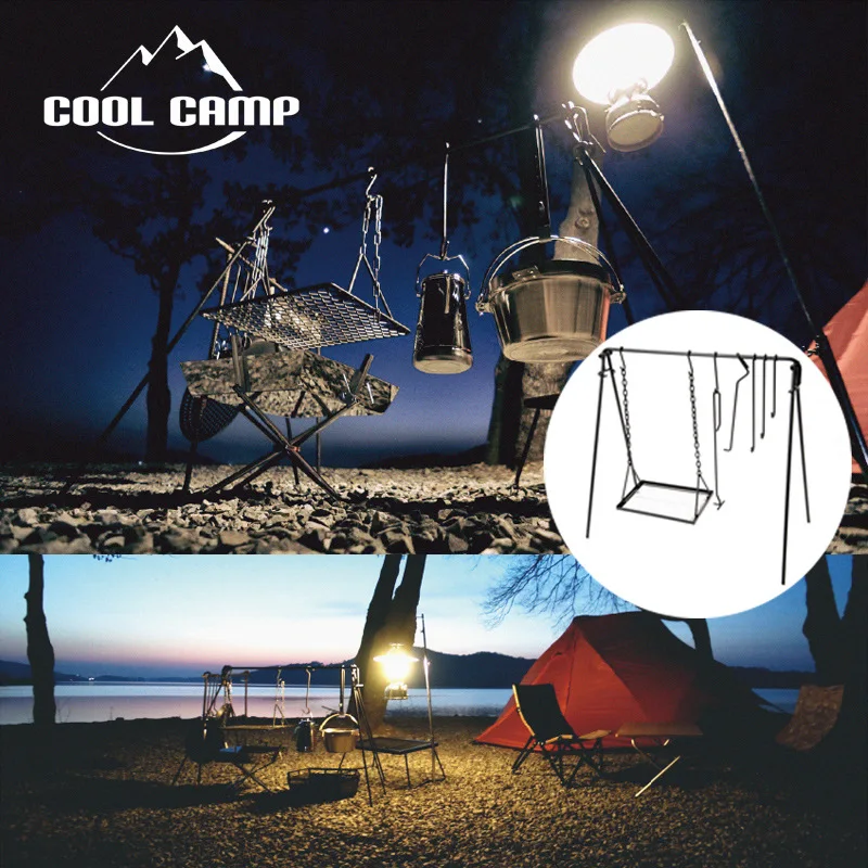 Verkaufen Outdoor Camping Hängen Rack Topf Stehen Verstellbare BBQ Grillen Stativ Lagerfeuer Topf Stehen Grillen Platte Für Camping Wandern