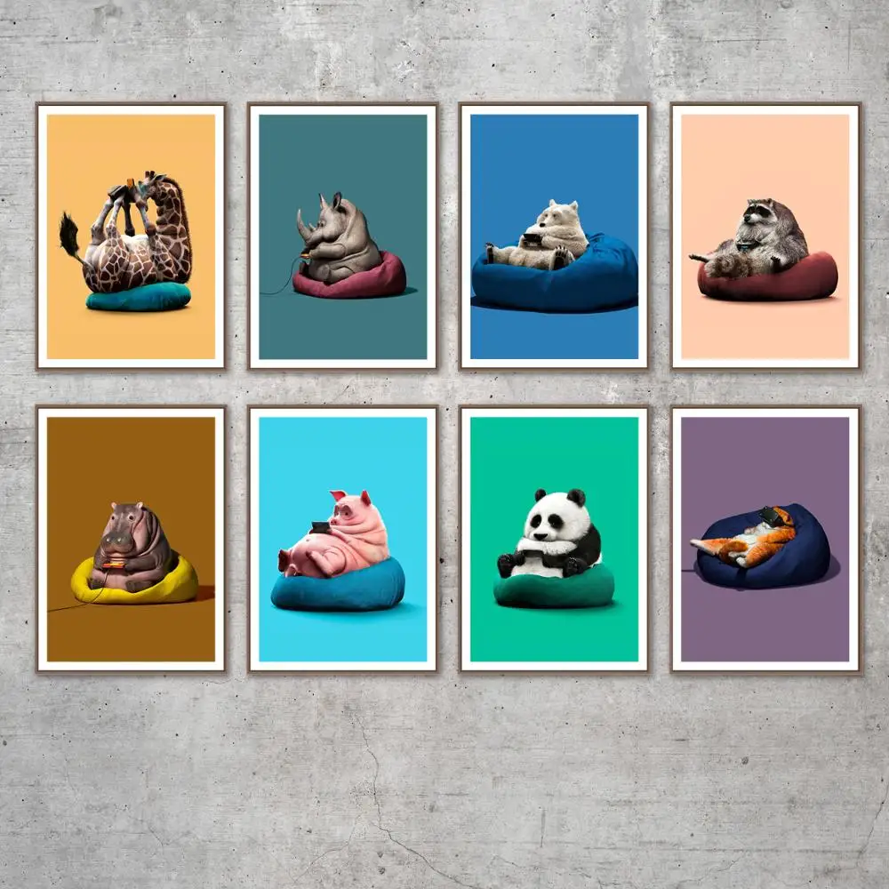 

Funny Animal play games Elephant giraffe Bear hippo Wall Art Print Canvas Painting Nordic Poster Wall Pictures Kids Room Decor